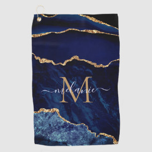 Marine Blauw Goud Marmer Monogram Naam Golf Handdo Golfhanddoek