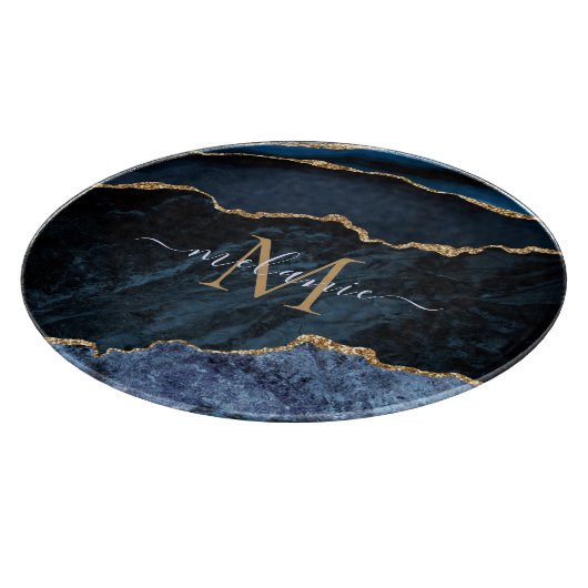 Marine Blauw Goud Marmer Monogram Naam Snijplank (Hoek)