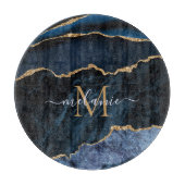 Marine Blauw Goud Marmer Monogram Naam Snijplank (Voorkant)