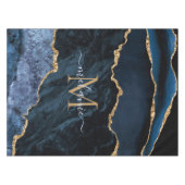Marine Blauw Goud Marmer Monogram Naam Tafelkleed (Voorkant (Horizontaal))
