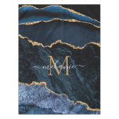 Marine Blauw Goud Marmer Monogram Naam Tafelkleed (Voorkant)