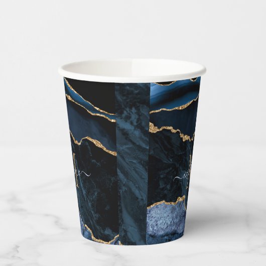 Marine Blauw Goud Marmer Uw Brief Naam Papieren ko Papieren Bekers (Links)