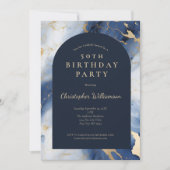 Marine Blauw Goud Marmeren Moderne Boog 50e Verjaa Kaart (Voorkant)