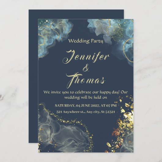 Marine blauw Goud Moderne bruiloft uitnodiging (Voorkant / Achterkant)