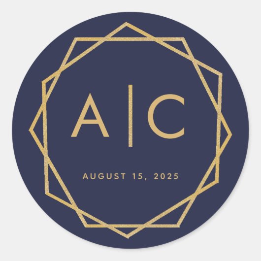 Marine Blauw & Goud Moderne Geometrische Bruiloft  Ronde Sticker (Voorkant)