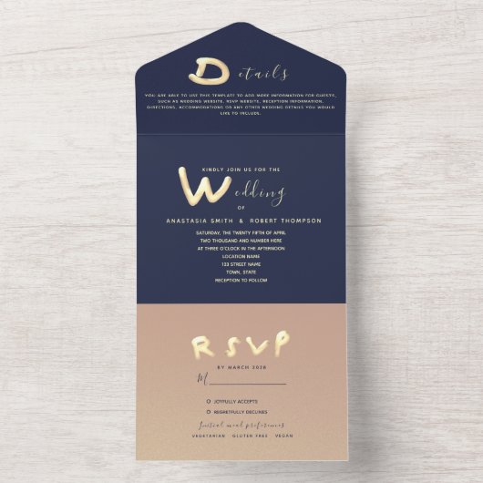 Marine Blauw Goud Moderne Typografie Fotobruiloft All In One Uitnodiging (Binnen)