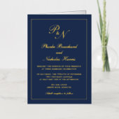 Marine Blauw Goud Monogram Formele Huwelijksuitnod Folie Wenskaart (Voorkant)