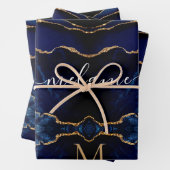 Marine Blauw Goud Monogram Naam Verpakkende Docume Inpakpapier Vel (In situ)