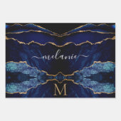 Marine Blauw Goud Monogram Naam Verpakkende Docume Inpakpapier Vel (Voorkant)