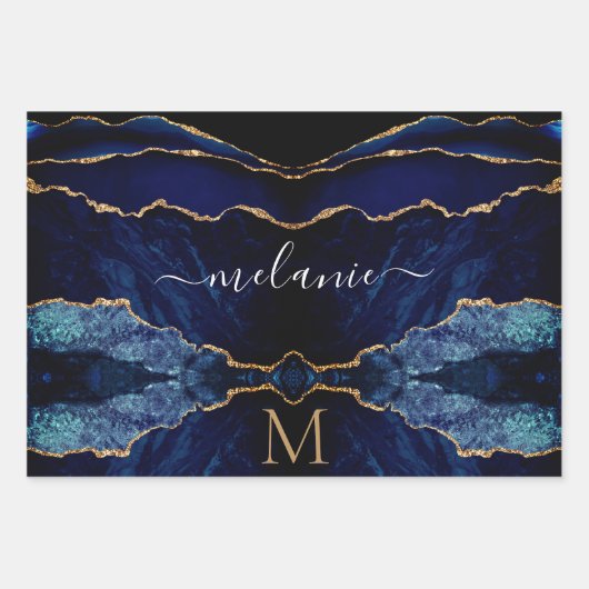 Marine Blauw Goud Monogram Naam Verpakkende Docume Inpakpapier Vel (Voorkant)