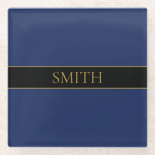 Marine Blauw & Goud Naam Achternaam of Bedrijf Glazen Onderzetter (Voorkant)
