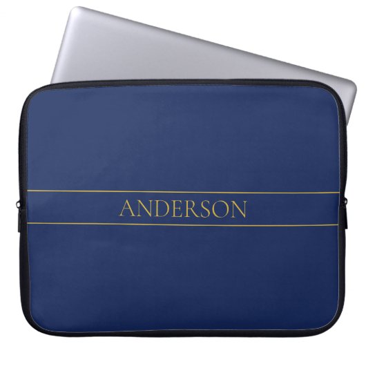 Marine Blauw & Goud Naam Achternaam of Bedrijf Laptop Sleeve (Voorkant)