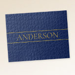 Marine Blauw & Goud Naam Achternaam of Bedrijf Legpuzzel<br><div class="desc">Modern aanpasbaar ontwerp met jouw naam of andere tekst,  bewerken zoals je wilt!</div>