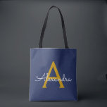 Marine Blauw Goud Naam Girly Script Monogram Moder Tote Bag<br><div class="desc">Navy Blue en Gold Elegant Voeg je eigen naam toe Monogram Boekentas. Deze boekentas kan worden aangepast om uw initiaal en voornaam op te nemen en als cadeau te geven voor kerst,  lieve 16-verjaardag,  Vrijgezellenfeest of een bruiloft.</div>