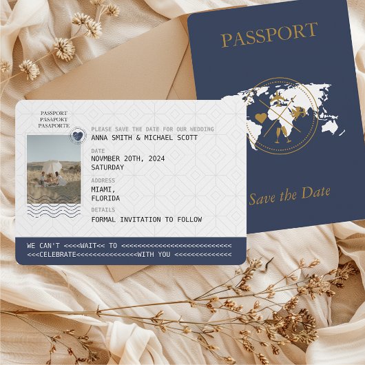 Marine Blauw Goud Paspoort Bestemming Bruiloft Fot Save The Date