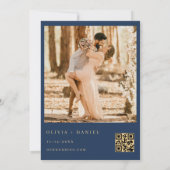 Marine Blauw Goud QR Code Crest Foto Huwelijk Kaart (Achterkant)