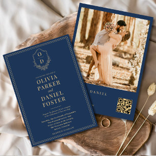 Marine Blauw Goud QR Code Crest Foto Huwelijk Kaart