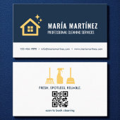 Marine Blauw & Goud QR Code Huis Schoonmaakdienste Visitekaartje