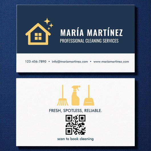Marine Blauw & Goud QR Code Huis Schoonmaakdienste Visitekaartje