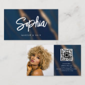 Marine Blauw Goud QR Code Schoonheid Elegante Luxe Visitekaartje (Voorkant / Achterkant)