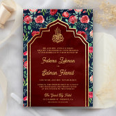 Marine Blauw Goud Rode Rozen Bloemen Moslim Bruilo Kaart