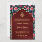 Marine Blauw Goud Rode Rozen Bloemen Moslim Bruilo Kaart (Voorkant)