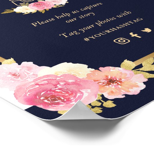 Marine Blauw Goud Roze Bloemen Oh Snap Trouwbord Poster (Hoek)