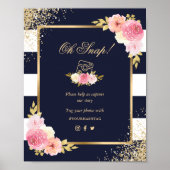 Marine Blauw Goud Roze Bloemen Oh Snap Trouwbord Poster (Voorkant)