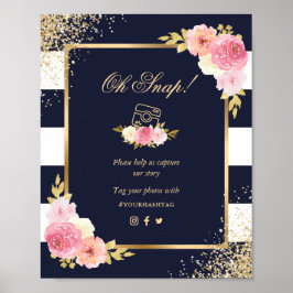 Marine Blauw Goud Roze Bloemen Oh Snap Trouwbord Poster