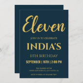 Marine Blauw & Goud Script 11e verjaardag Kaart (Voorkant / Achterkant)