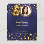 Marine blauw goud ster foto 50e verjaardag uitnodi (Voorkant)