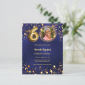 Marine blauw goud ster foto 60e verjaardag uitnodi (Staand voorkant)