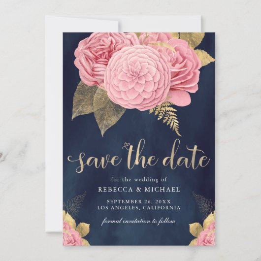 Marine Blauw Goud Stoffig Roze Bloemen Huwelijk Save The Date (Voorkant)