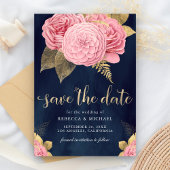 Marine Blauw Goud Stoffig Roze Bloemen Huwelijk Save The Date