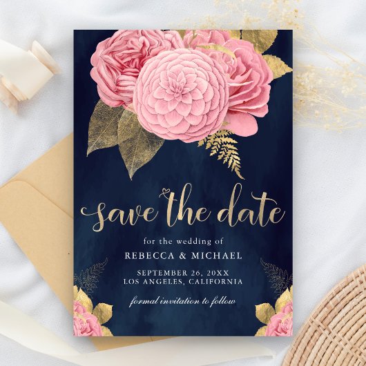 Marine Blauw Goud Stoffig Roze Bloemen Huwelijk Save The Date