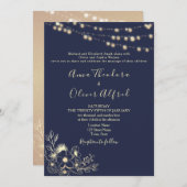 Marine Blauw Goud String Lights Bruiloft Uitnodigi Kaart (Voorkant / Achterkant)