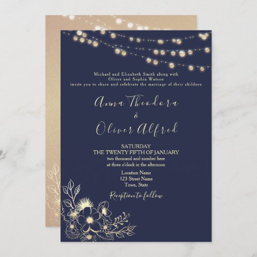 Marine Blauw Goud String Lights Bruiloft Uitnodigi Kaart (Voorkant / Achterkant)