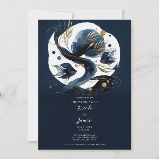Marine Blauw & Goud Vis Strand Bruiloft Kaart (Voorkant)