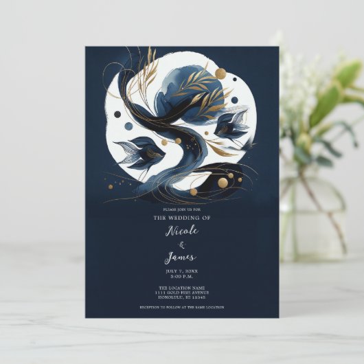 Marine Blauw & Goud Vis Strand Bruiloft Kaart (Staand voorkant)