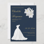 Marine blauw goud wit kant trouwjurk bruiloft kaart (Voorkant)