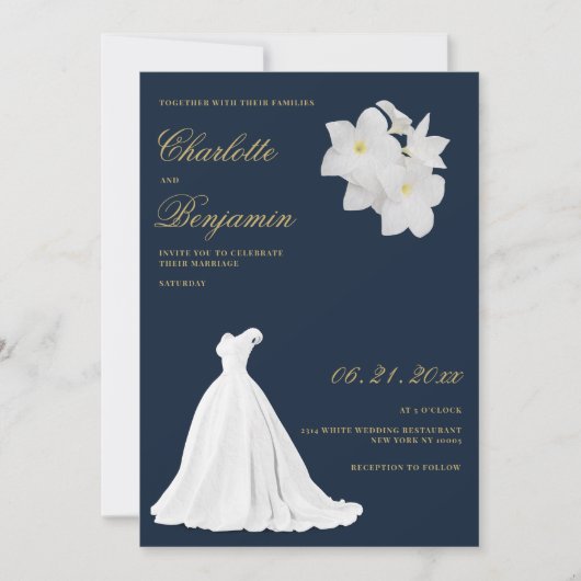 Marine blauw goud wit kant trouwjurk bruiloft kaart (Voorkant)