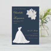 Marine blauw goud wit kant trouwjurk bruiloft kaart (Staand voorkant)