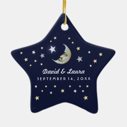 Marine Blauw Goud & Wit Maan & Sterren Huwelijk Cu Keramisch Ornament (Achterkant)