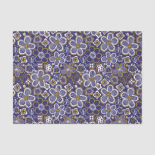 Marine Blauw, Goud, Witte grillige Bloemen Tissuepapier