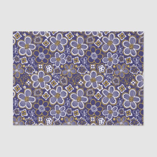 Marine Blauw, Goud, Witte grillige Bloemen Tissuepapier (Voorkant)