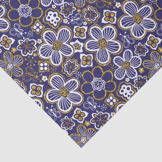 Marine Blauw, Goud, Witte grillige Bloemen Tissuepapier (Detail)
