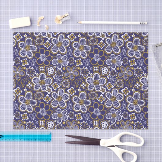 Marine Blauw, Goud, Witte grillige Bloemen Tissuepapier (Craft)