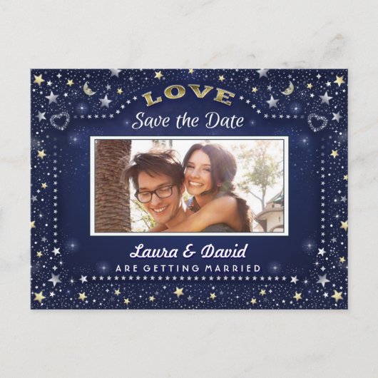 Marine Blauw Goud Witte Sterren Foto Save the Date Aankondigingskaart (Voorkant)