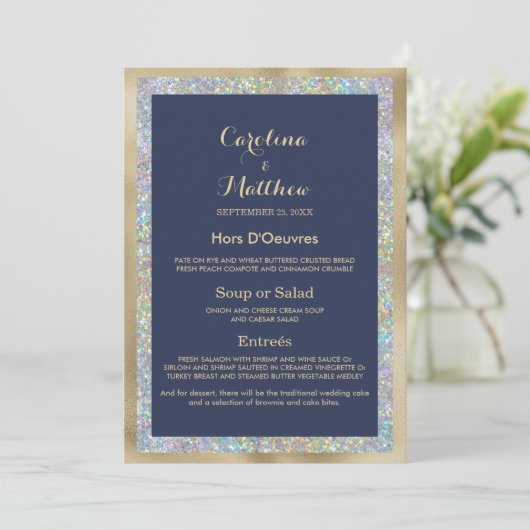 Marine blauw goud zilver holografisch bruiloft Men Menu (Staand voorkant)