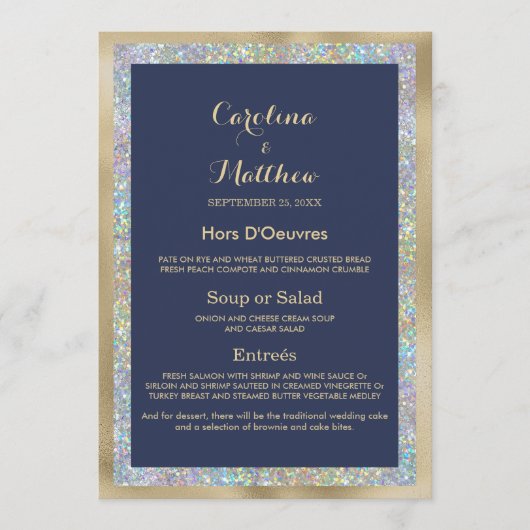 Marine blauw goud zilver holografisch bruiloft Men Menu (Voorkant)